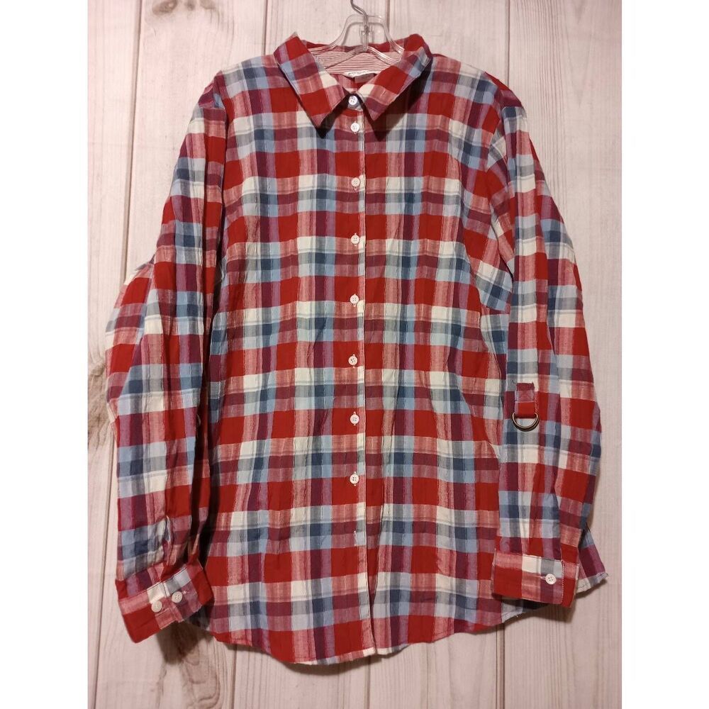 Allison Daley Shirt Ladies 20W Red Blue Button‎ Front Long Sleeve Light Weight